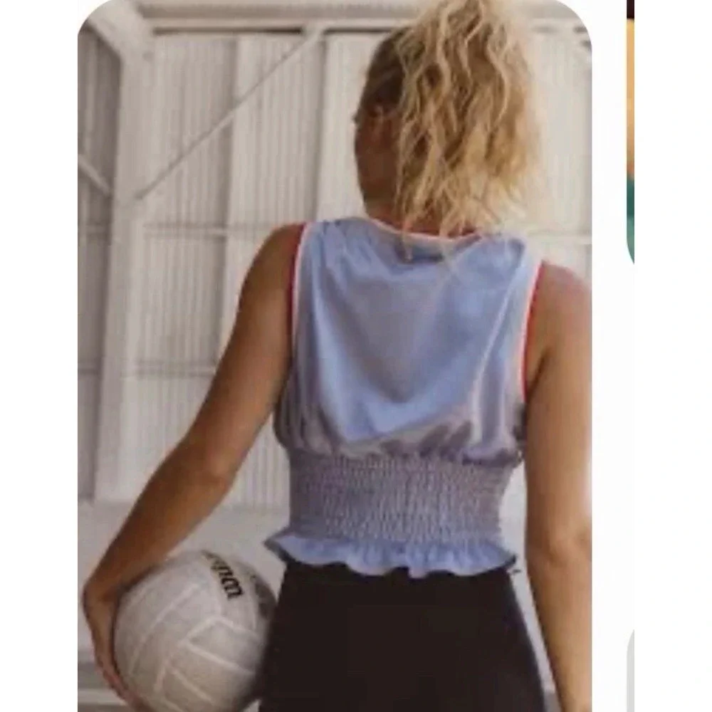 Free People FP Movement Women Size SMALL Prime Time Tank Top Blue Grey Smocked - Picture 2 of 9